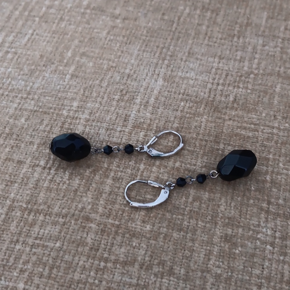 Silver Leverback Black Faceted Beaded Earrings